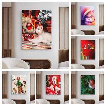 Decoratiuni camera de Craciun pisici și câini de zăpadă tablouri canvas postere pentru poze de perete pentru living decor estetic