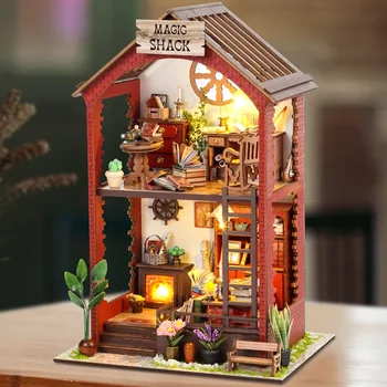 Din lemn Magic Shack Casa de Păpuși în Miniatură Elemente Cu Accesorii și Mobilier, Lumina LED, Cadou de Crăciun