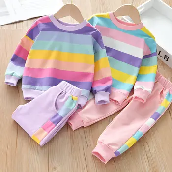 Fetelor Rainbow Set Nou de Fete de Primăvară și de Toamnă pentru Copii Western Stil Versatil Top Casual Pantaloni Set de Două Piese