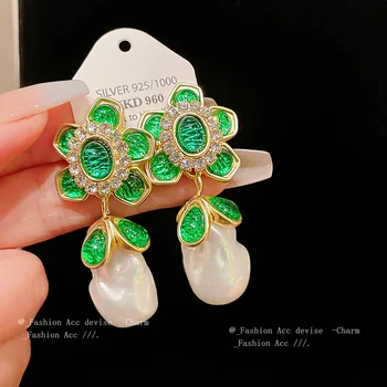 Verde Cubic Zirconia Floare Accesorii pentru Femei Rafinate Bijuterii Stil Baroc Imitat Cercel de Perla Bijuterii Chic Cercei